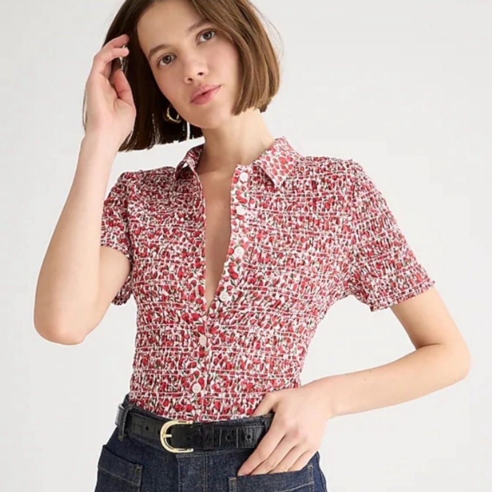 *NEW* J. Crew Smocked Button Front Top In Liberty Eliza's Red Print